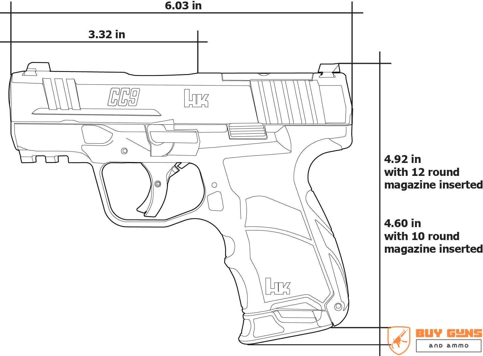 HK CC9 Micro Compact 9mmP Pistol - Black 1 HK CC9 Dimensions